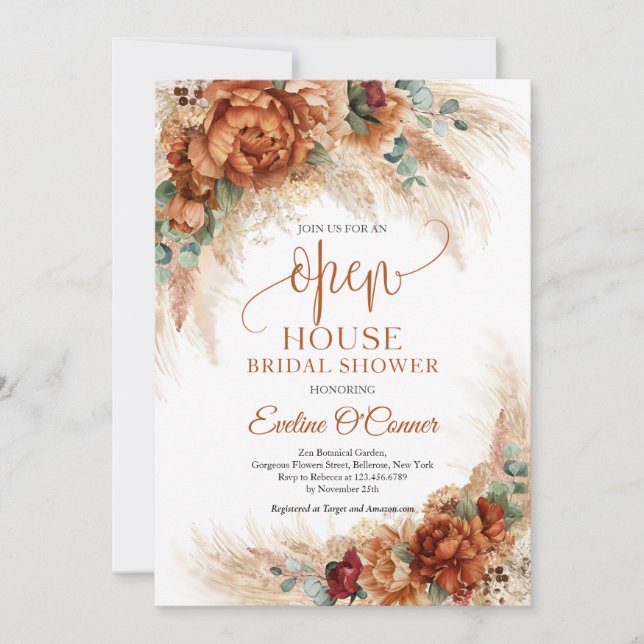 Beliebtes Terracotta Pampas Gras Kupfer Open House Einladung (Vorderseite)