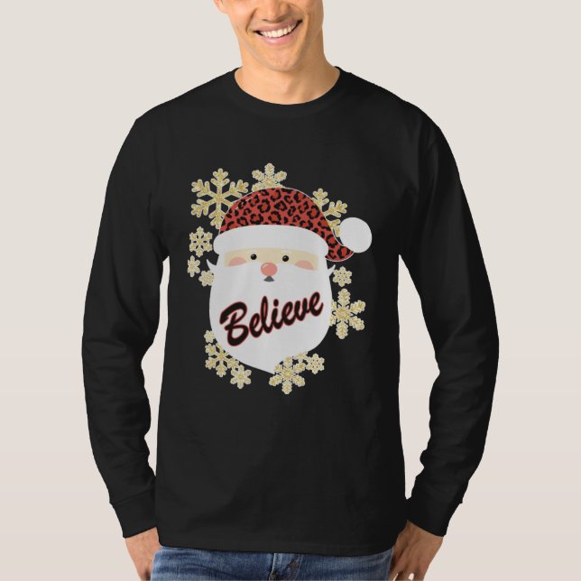 Believe Christmas Santa Hat Leopard Snowflake Grap T-Shirt (Vorderseite)