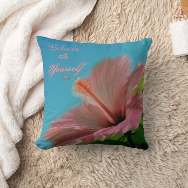 Believe Hibiscus Flower Inspirational Quote  Kissen (Decke)