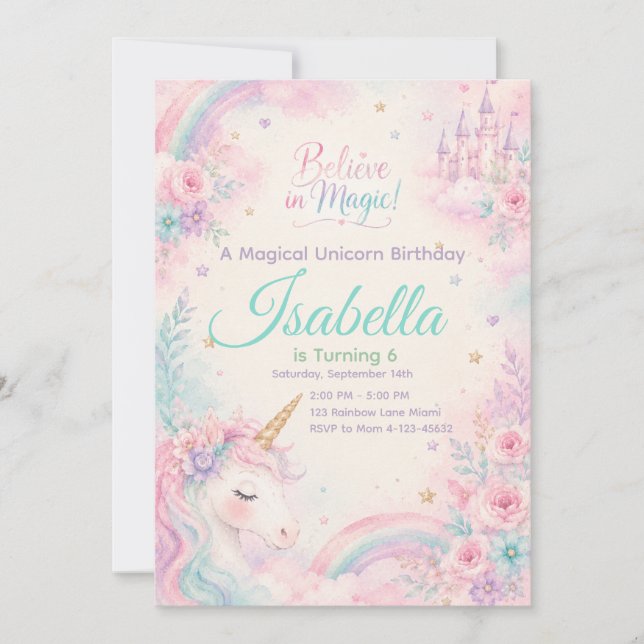 Believe In Magic Unicorn Invitation Editable Einladung (Vorderseite)