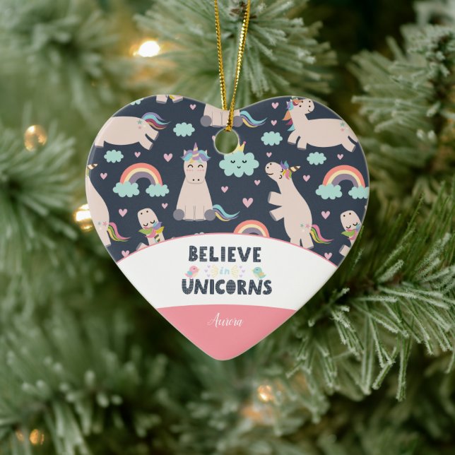 Believe in Unicorns Blue and Pink Girl Christmas Keramik Ornament (Baum)