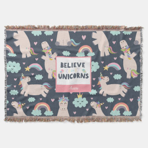 Believe in Unicorns Blue and Pink Girl Pattern Kid Decke