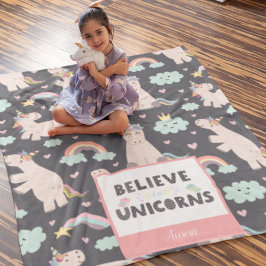 Believe in Unicorns Blue and Pink Girl Pattern Kid Fleecedecke