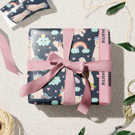 Believe in Unicorns Blue and Pink Girl Pattern Kid Geschenkpapier