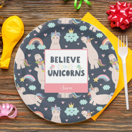 Believe in Unicorns Blue and Pink Girl Pattern Kid Pappteller