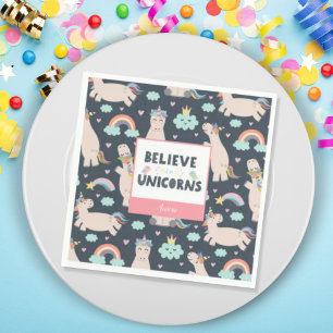 Believe in Unicorns Blue and Pink Girl Pattern Kid Serviette