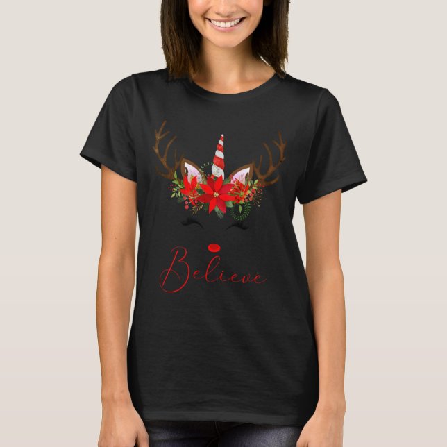 Believe Red White Insettia Reindeer Unicorn  T-Shirt (Vorderseite)