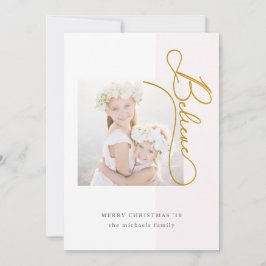 Believe Typography with Foto and Blush Stripe Feiertagskarte