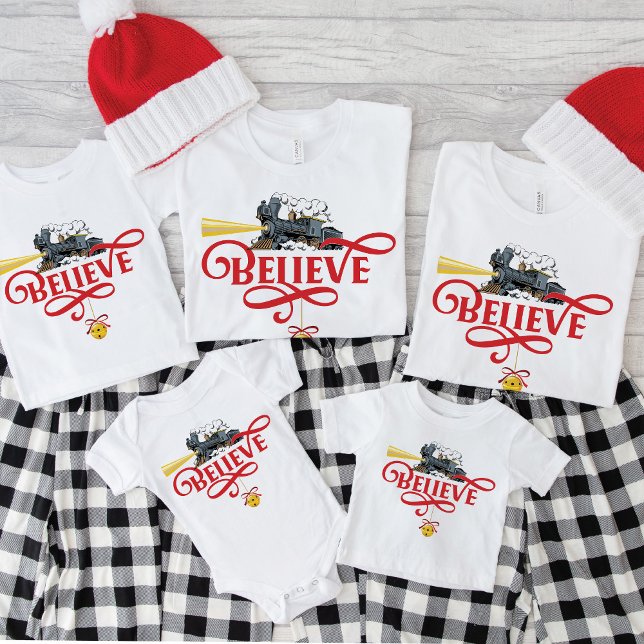 BELIEVE Weihnachts-Express-Zug - Matching-Familie T-Shirt (Matching Family Christmas T-Shirts, Red Believe, Holiday Express Train, Locomotive, north pole, bell)
