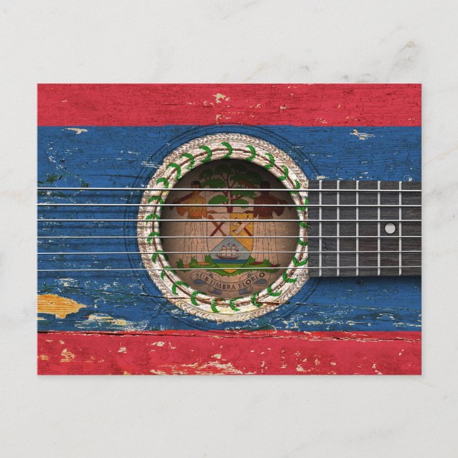 Belize Flag auf der alten akustischen Gitarre Postkarte (Vorderseite)