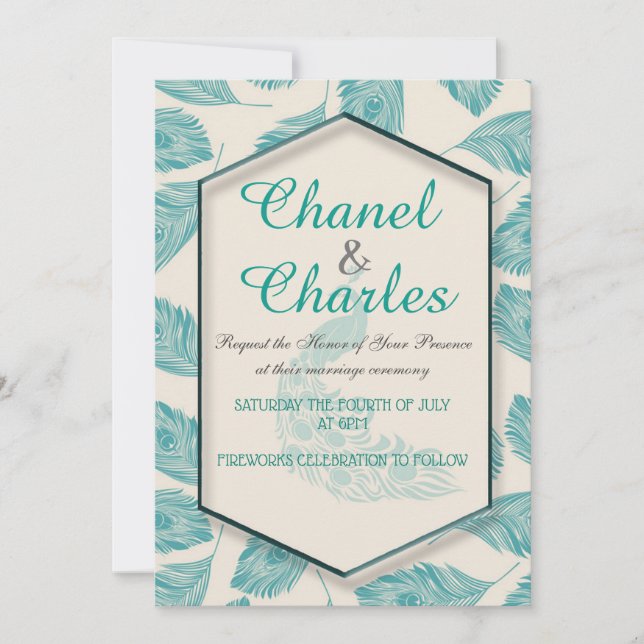 Bella Blue Peacock Geometric Wedding Einladung (Vorderseite)