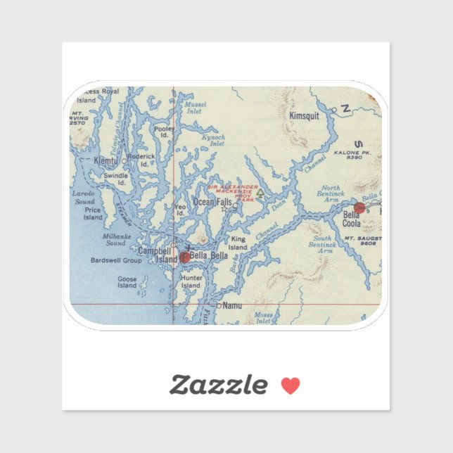 Bella Coola BC Vintage Karte Aufkleber (Blatt)