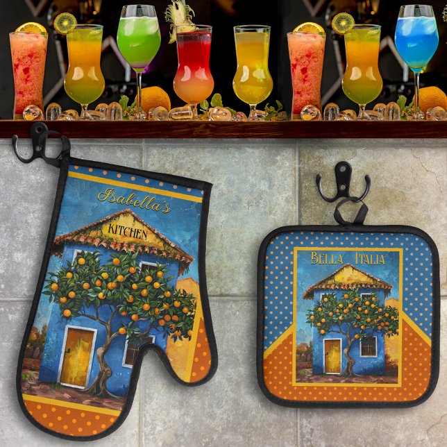 Bella Italia Mediterranean Citrus Tree Ofenhandschuh & Topflappen-Set (Retro oven mitt and pot holder set with a painting of a Mediterranean house with citrus tree - Italy)