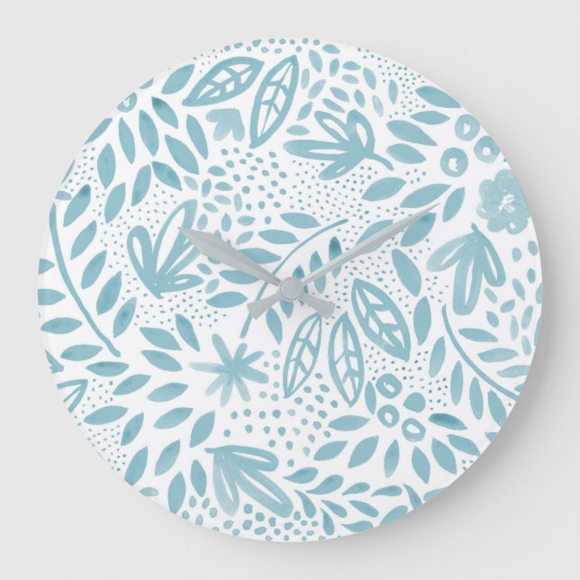 Belle Blue Floral Watercolor Wall Clock Große Wanduhr (Vorderseite)