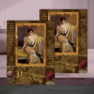 Belle Époque Frau in Braun und Gold Decoupage Seidenpapier