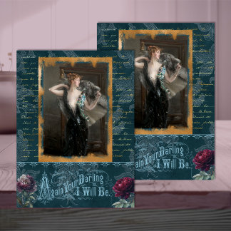 Belle-Époque-Frau in tiefem Tealblau-Decoupage Seidenpapier