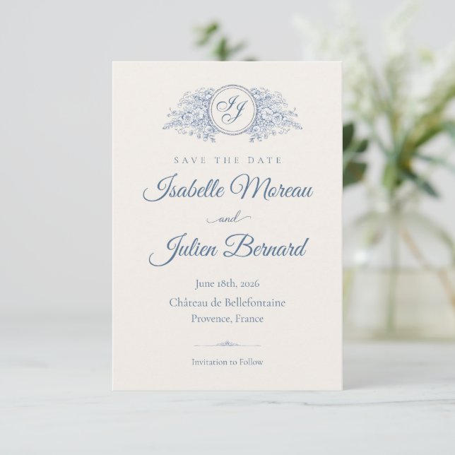 Bellefontaine — French Blue Wedding Save the Date (Stehend Vorderseite)
