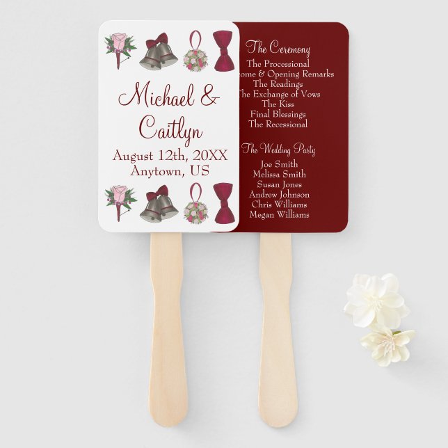 Bells Bow Blume Bouquet Burgundy Wedding Program Fächer (Vorne und Hinten)