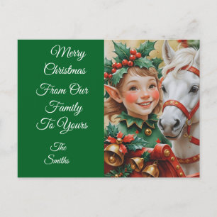Bells Holly and Horse Christmas Elf Feiertagspostkarte