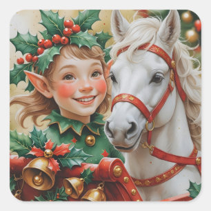 Bells Holly and Horse Christmas Elf Quadratischer Aufkleber