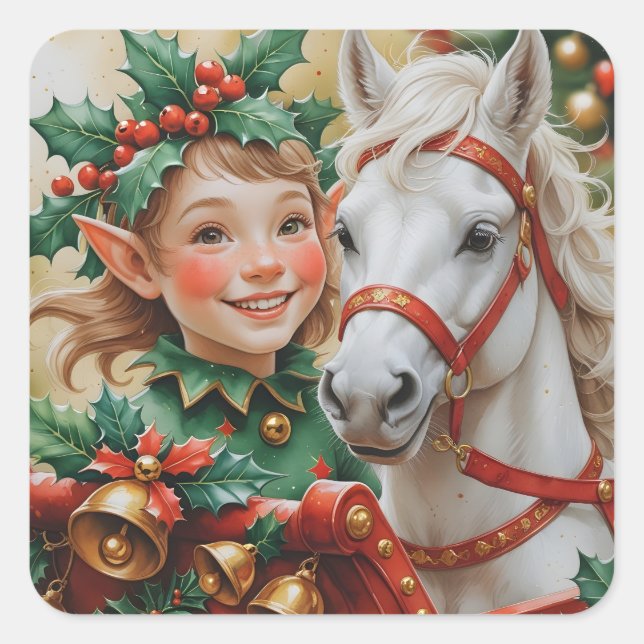 Bells Holly and Horse Christmas Elf Quadratischer Aufkleber (Vorderseite)