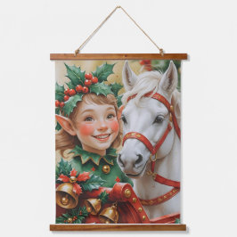 Bells Holly und Horse Christmas Elf Wandteppich Mit Holzrahmen