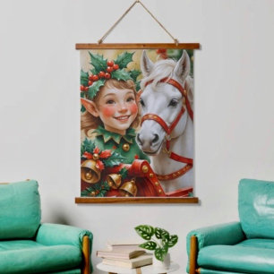 Bells Holly und Horse Weihnachtselfe Wandteppich Mit Holzrahmen