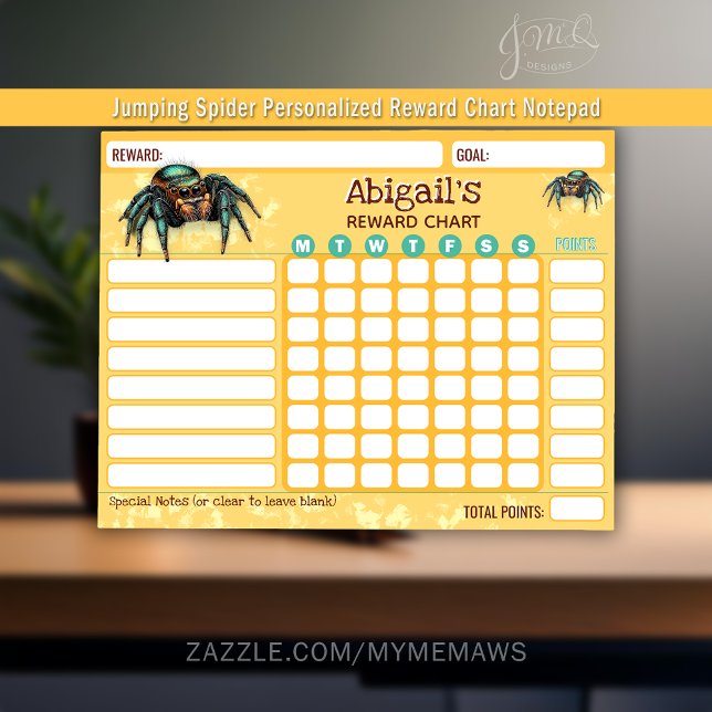 Belohnungsdiagramm Springende Spinne Personalisier Notizblock (This playful jumping spider reward chart notepad helps kids stay motivated and on task.)