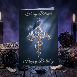 Beloved Personalized Gothic Cross Raven Birthday Karte