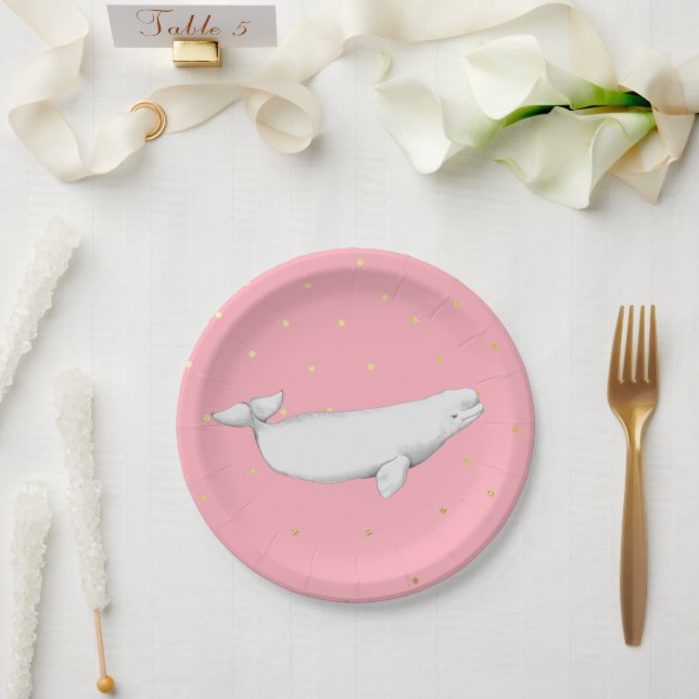 Beluga Whale Illustration Dots Pink Pappteller (Hochzeit)
