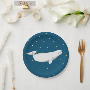 Beluga Whale Illustration Gold Dots Navy Blue Pappteller