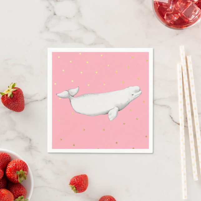 Beluga Whale Illustration Gold Dots Pink Serviette (Beispiel)