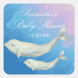 Beluga Whale Mama und Calf Baby Dusche Quadratischer Aufkleber