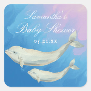 Beluga Whale Mama und Calf Baby Dusche Quadratischer Aufkleber