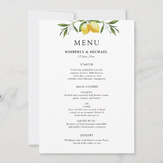 Bemale Gemälde-Limonen Grünzeug Hochzeitsmenü Einladung (Vorderseite)