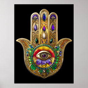 Bemalte Gold Hamsa Amethyst Rubin Drittes Auge Poster