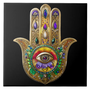 Bemalte goldene Hamsa Amethyst Rubin Drittes Auge Fliese