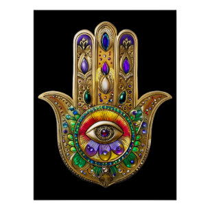 Bemalte goldene Hamsa Amethyst Rubin Drittes Auge Poster