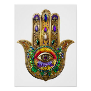 Bemalte goldene Hamsa Amethyst Rubin Drittes Auge Poster