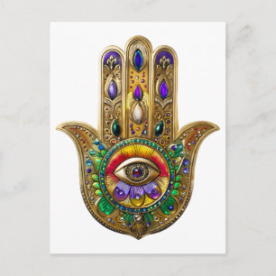 Bemalte goldene Hamsa Amethyst Rubin Drittes Auge Postkarte