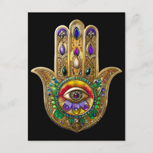 Bemalte goldene Hamsa Amethyst Rubin Drittes Auge Postkarte