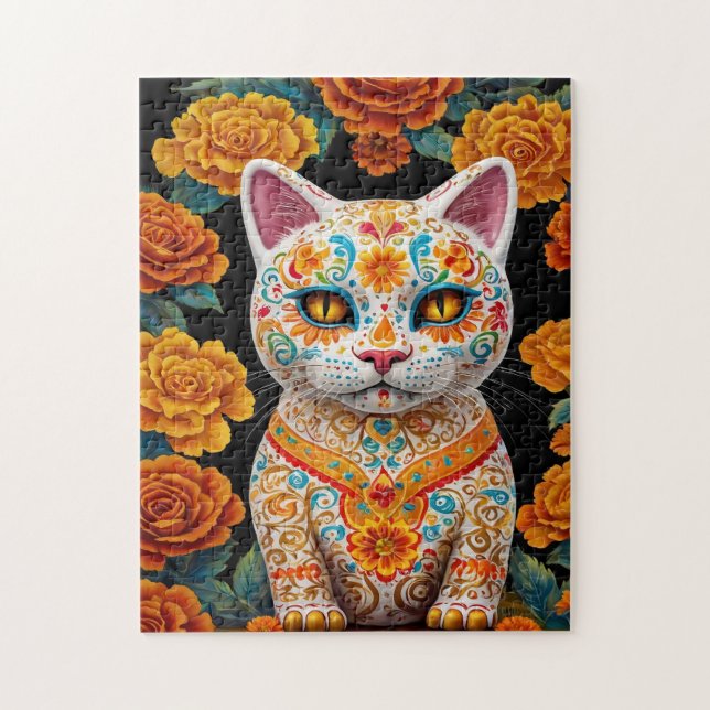 Bemalte Katze mit Blumen Puzzle (Vertikal)