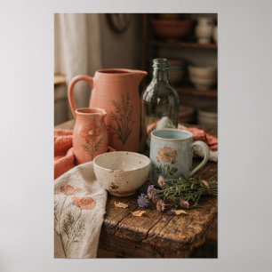 Bemalte Keramik und Wiesenblumen Poster