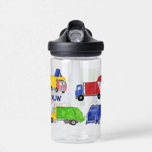 Bemalte Müllwagen Jungen Monogramm Trinkflasche (Vorne)