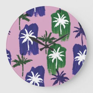 Bemalte Palme, Marineblau Grün. Große Wanduhr