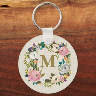 Bemalter Blumen personalisierter Monogramm-Leinwan Schlüsselanhänger
