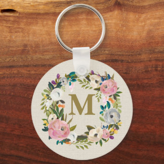 Bemalter Blumen personalisierter Monogramm-Leinwan Schlüsselanhänger