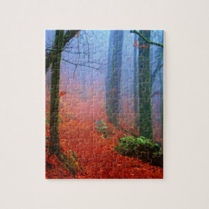 Bemalter Herbstwald Blaue Nebel Puzzle