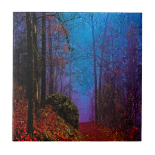 Bemalter Wald Herbst Lila Nebel Fliese