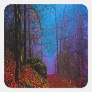 Bemalter Wald Herbst Lila Nebel Quadratischer Aufkleber